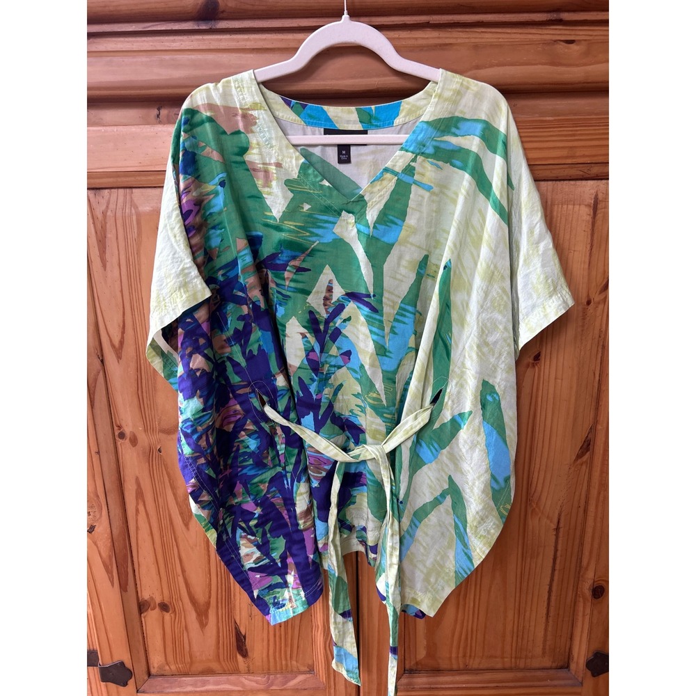 Dana Buchman Tropical Print Kaftan Top Lime Green Blue V-Neck Tie Waist Medium